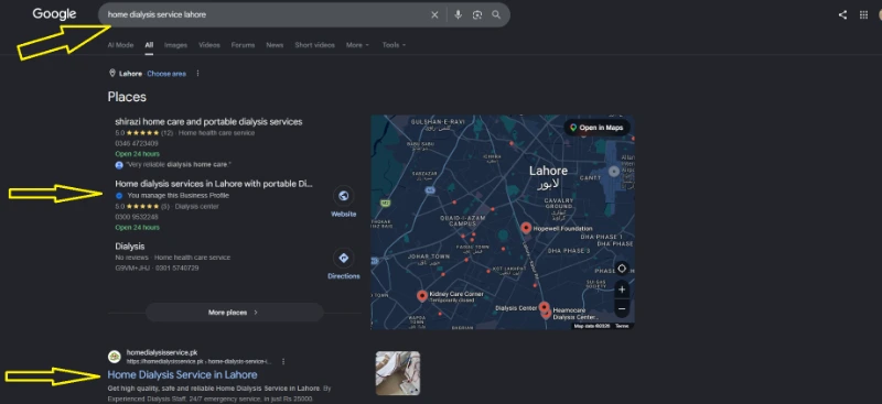 Home dialysis service appearing in Google Maps local pack in Lahore